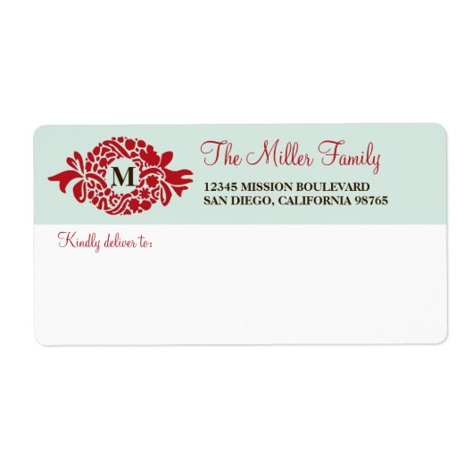 Monogram rood met blauwe feestdagen etiket (Voorkant)