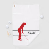 Monogram rood op witte vrouw silhouet golfer golfhanddoek (Insitu)