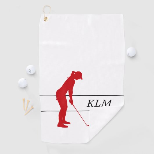 Monogram rood op witte vrouw silhouet golfer golfhanddoek (Insitu)