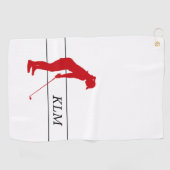 Monogram rood op witte vrouw silhouet golfer golfhanddoek (Horizontaal)