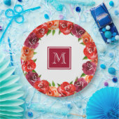 Monogram rood oranje claret bloemmotief papieren bordje (Feest)