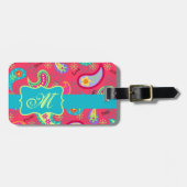 Monogram rood Turquoise Modern Paisley Pattern Bagagelabel (Voorkant horizontaal)