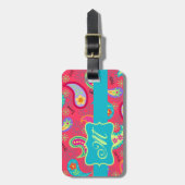 Monogram rood Turquoise Modern Paisley Pattern Bagagelabel (Voorkant verticaal)