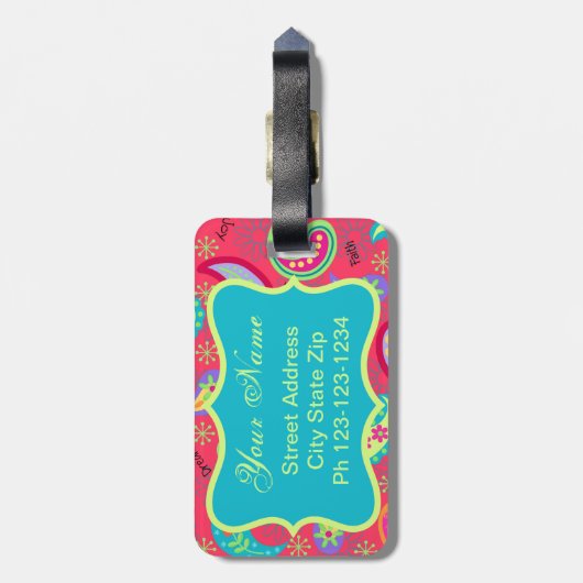 Monogram rood Turquoise Modern Paisley Pattern Bagagelabel (Achterkant verticaal)