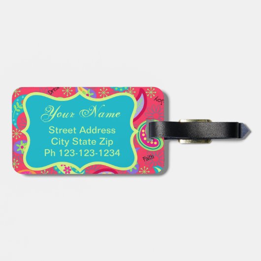 Monogram rood Turquoise Modern Paisley Pattern Bagagelabel (Achterkant horizontaal)