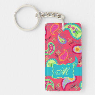 Monogram rood Turquoise Modern Paisley Pattern Sleutelhanger