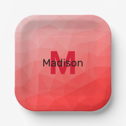 Monogram rood verloop geometrisch maaspatroon papieren bordje (Voorkant)