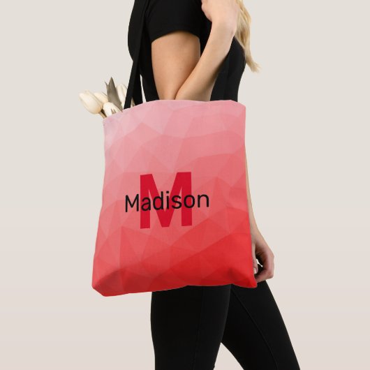 Monogram rood verloop geometrisch maaspatroon tote bag (Dichtbij)