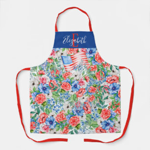 Monogram rood wit en blauw bloemen 4 juli schort