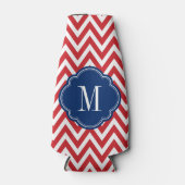 Monogram rood wit en blauw Chevron Flesjeskoeler (Voorkant)
