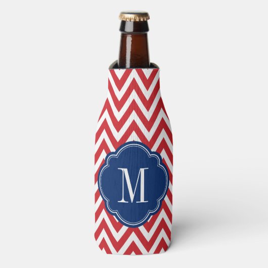 Monogram rood wit en blauw Chevron Flesjeskoeler (Fles Voorkant)