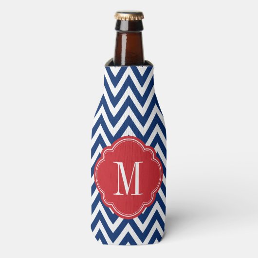 Monogram rood wit en blauw Chevron Flesjeskoeler (Fles Voorkant)