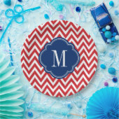 Monogram rood wit en blauw Chevron Papieren Bordje (Feest)