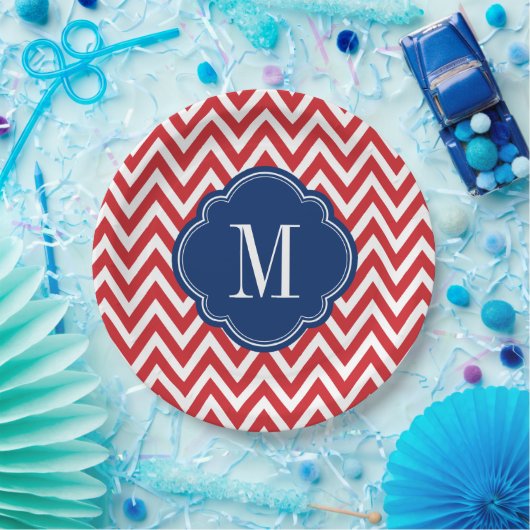 Monogram rood wit en blauw Chevron Papieren Bordje (Feest)