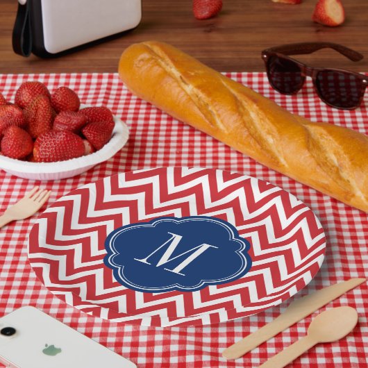 Monogram rood wit en blauw Chevron Papieren Bordje (Picknick)