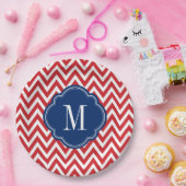 Monogram rood wit en blauw Chevron Papieren Bordje (Feest)