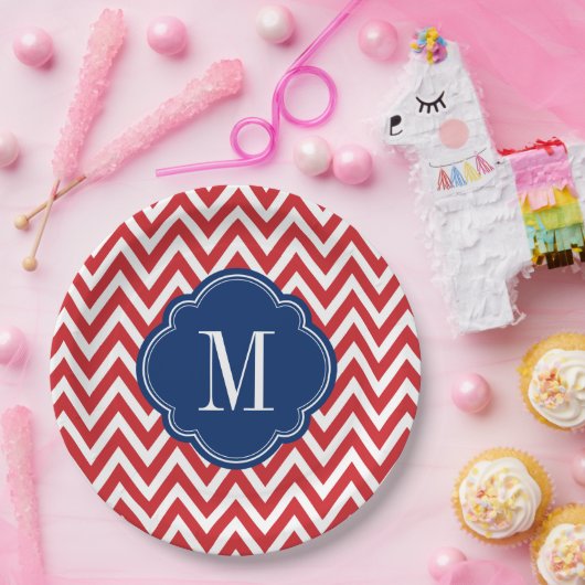 Monogram rood wit en blauw Chevron Papieren Bordje (Feest)
