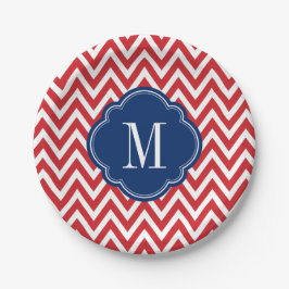 Monogram rood wit en blauw Chevron Papieren Bordje