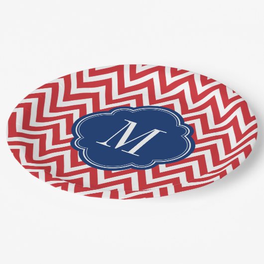 Monogram rood wit en blauw Chevron Papieren Bordje (Gekanteld)