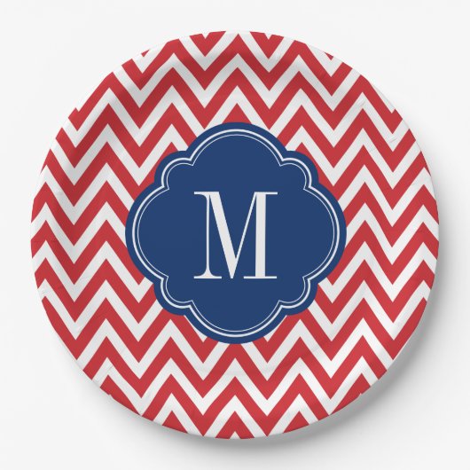 Monogram rood wit en blauw Chevron Papieren Bordje (Voorkant)