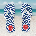 Monogram rood wit en blauw Chevron Teenslippers<br><div class="desc">Aangepast gedrukte flip flop sandalen met een stijlvol modern chevron-patroon en uw aangepaste monogram of andere tekst in een cirkelvormig lijst. Klik aanpassen het om tekstdoopvonten en kleuren te veranderen of uw eigen afbeeldingen toe te voegen om unieke één van een soortontwerp te creëer!</div>