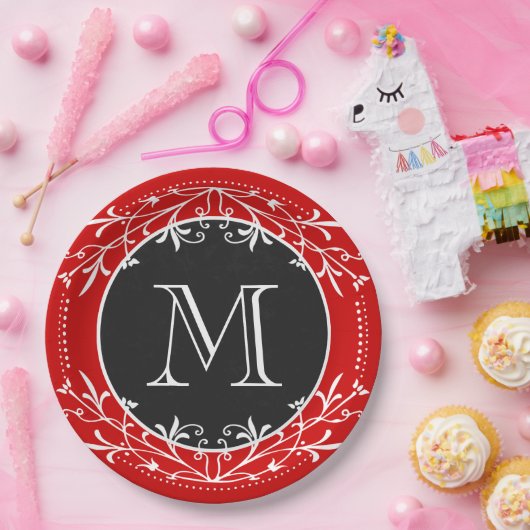 Monogram rood, wit en zwart decoratief papieren bordje (Feest)