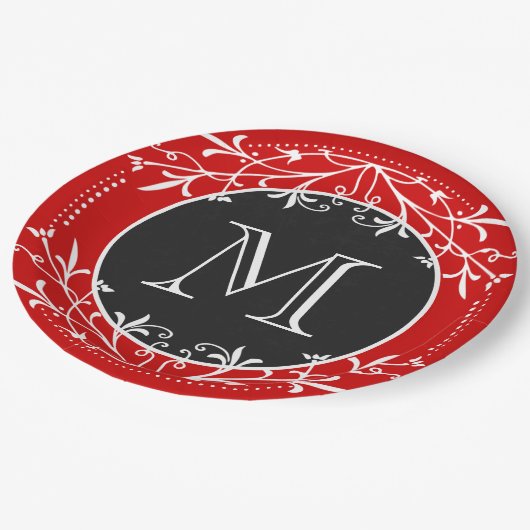 Monogram rood, wit en zwart decoratief papieren bordje (Gekanteld)