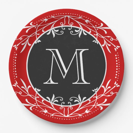 Monogram rood, wit en zwart decoratief papieren bordje (Voorkant)