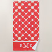 Monogram rood wit geometrisch patroon | Bewerkbaar Strandlaken (Voorkant)