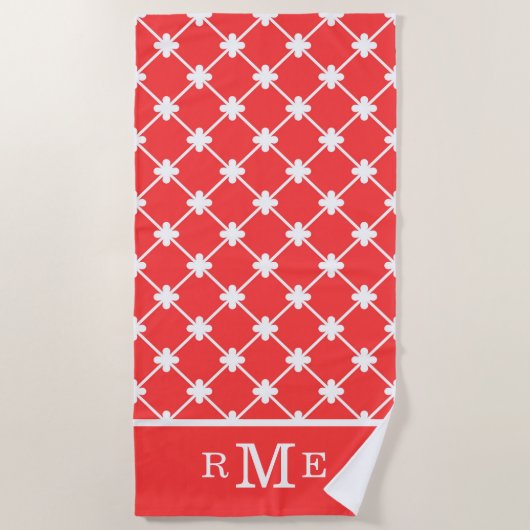 Monogram rood wit geometrisch patroon | Bewerkbaar Strandlaken (Voorkant)