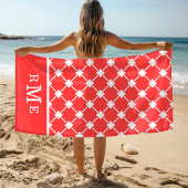 Monogram rood wit geometrisch patroon | Bewerkbaar Strandlaken