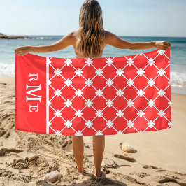 Monogram rood wit geometrisch patroon | Bewerkbaar Strandlaken