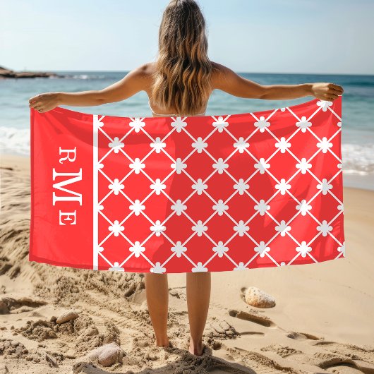 Monogram rood wit geometrisch patroon | Bewerkbaar Strandlaken