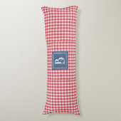 Monogram, Rood & Wit Gingham Check Blauw Denim Lichaamskussen (Voorkant Verticaal)