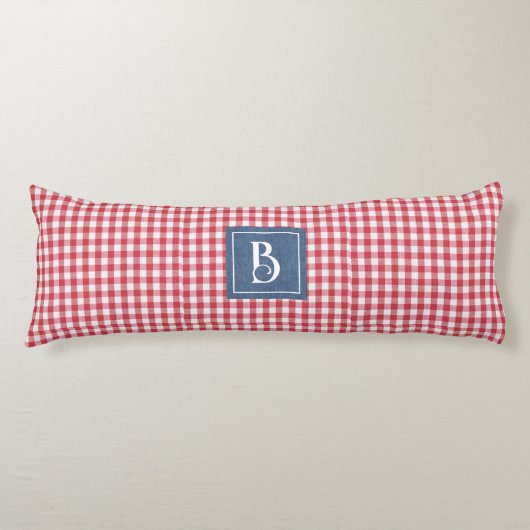 Monogram, Rood & Wit Gingham Check Blauw Denim Lichaamskussen (Voorkant)