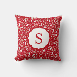 Monogram Rood Wit Kerst Bloemenpatroon Kussen