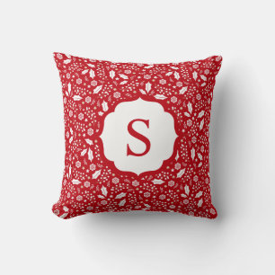 Monogram Rood Wit Kerst Bloemenpatroon Kussen