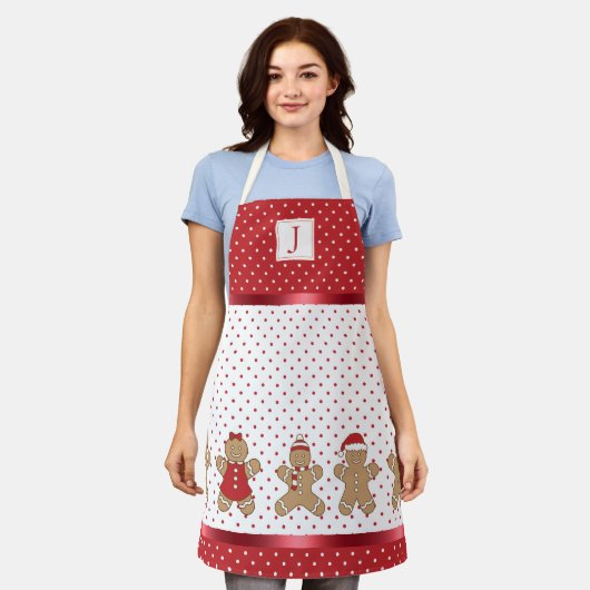 Monogram Rood & Wit Polka Dot Gingerbread Xmas Schort (Gedragen)