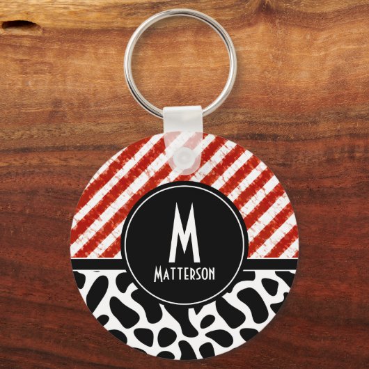 Monogram rood wit Stripe zwart Sleutelhanger (Voorkant)