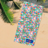 Monogram rood-witte blauwe bloemen naam 4 juli strandlaken