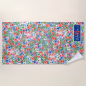 Monogram rood-witte blauwe bloemen naam 4 juli strandlaken (Voorkant)
