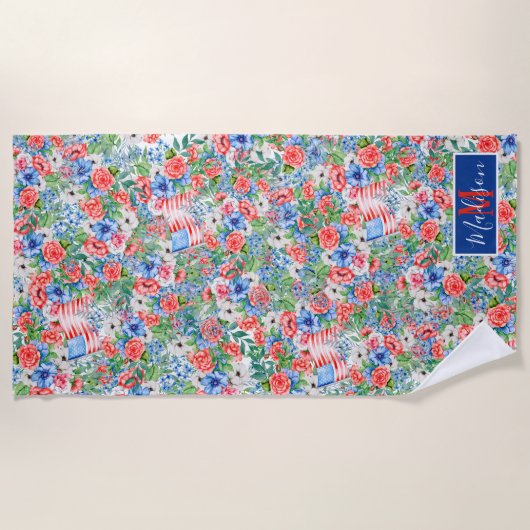 Monogram rood-witte blauwe bloemen naam 4 juli strandlaken (Voorkant)