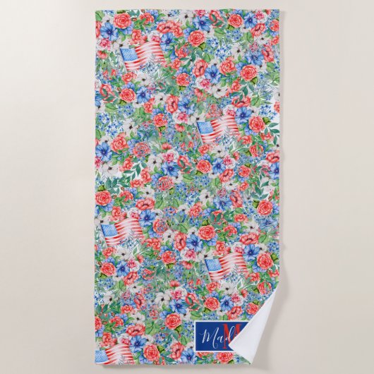 Monogram rood-witte blauwe bloemen naam 4 juli strandlaken (Voorkant)