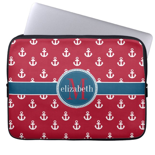 Monogram rood-witte blauwe scheepsankermonogram laptop sleeve (Voorkant)