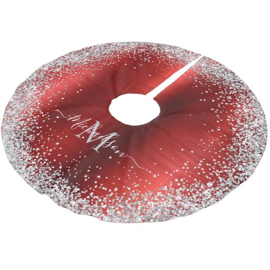 Monogram Rood Zilver Glitter Girly Glam Kerstboom Rok (Gekanteld)