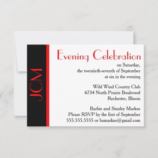 Monogram Rood Zwart Avondviering RSVP Wit Kaart (Voorkant)