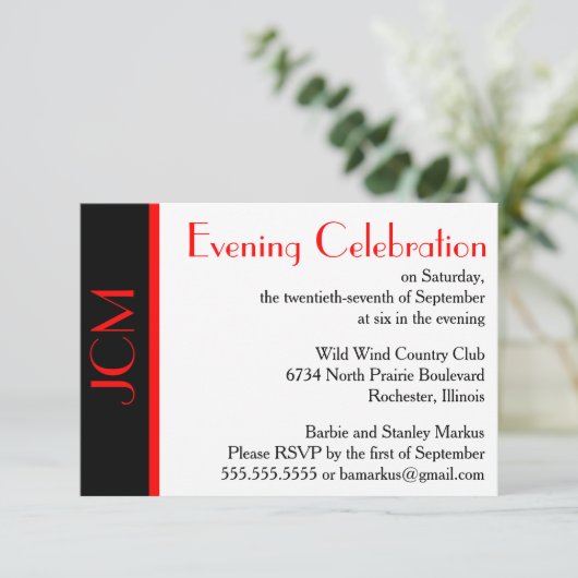 Monogram Rood Zwart Avondviering RSVP Wit Kaart (Staand voorkant)