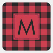 Monogram rood zwart buffel geruite patroon vierkante sticker (Voorkant)