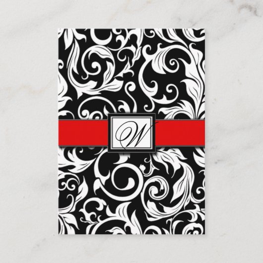 Monogram Rood Zwart Damask Wedding Receptie Kaarte Informatiekaartje (Voorkant)