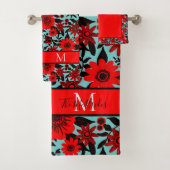 Monogram Rood, Zwart en Blauw Oerwoud Bloemenvleer Bad Handdoek (Insitu)